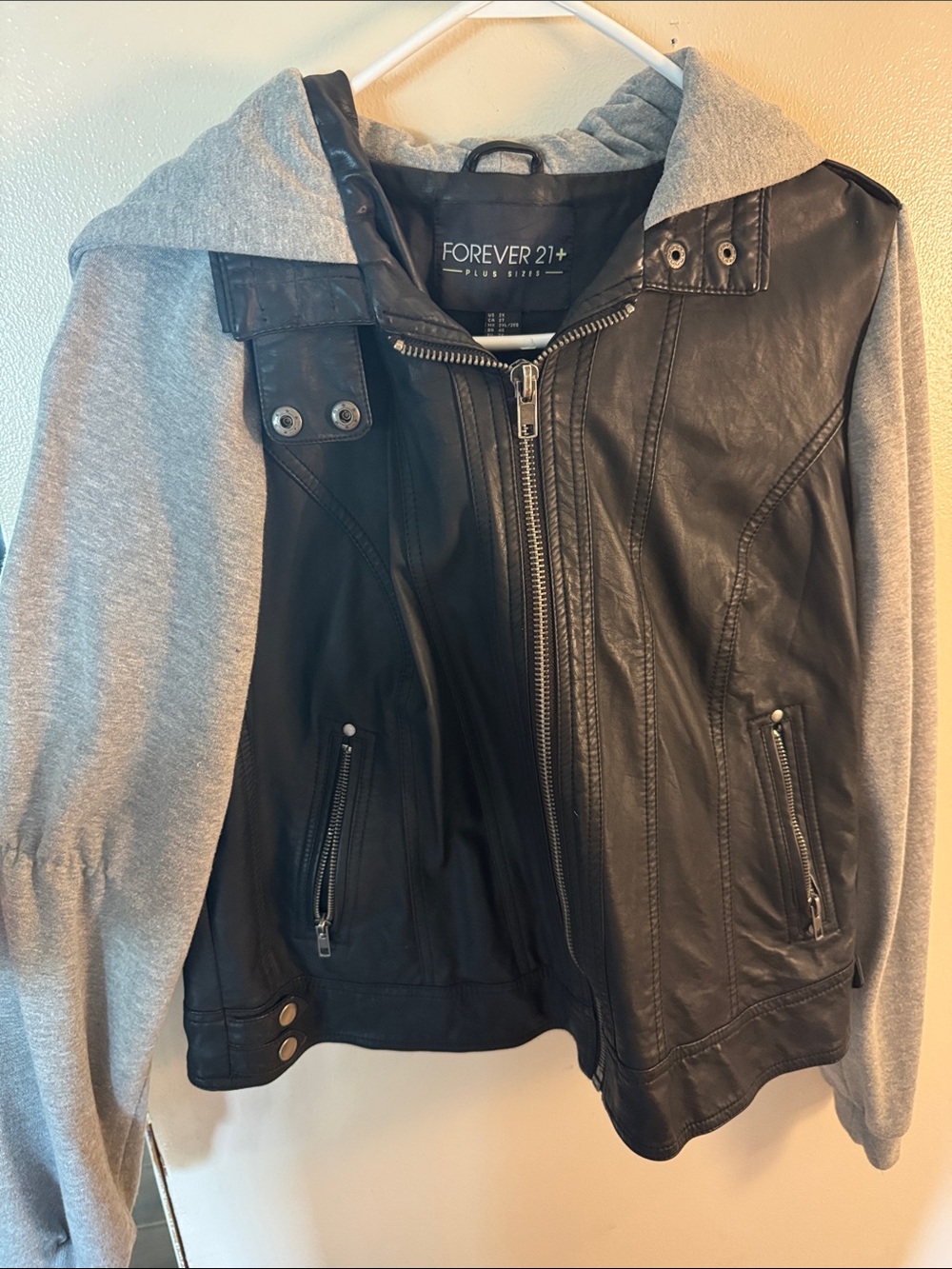 Forever 21 Black Faux Leather Jacket with Gray Knit Hood & Sleeves